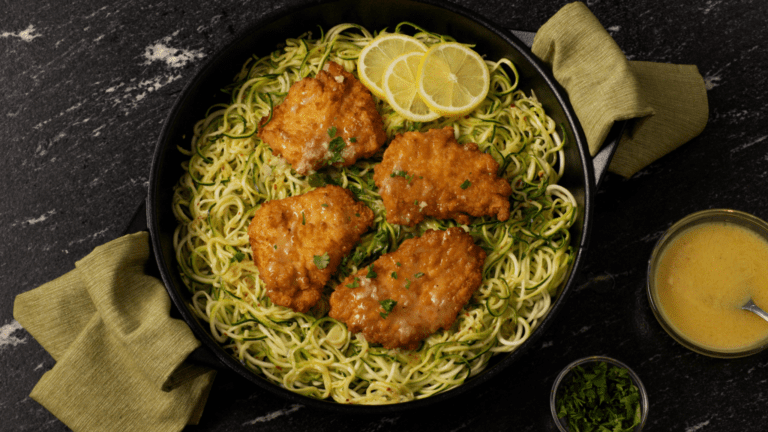 Chicken Francaise with Garlic Parmesan Zoodles - Just Bare Foods